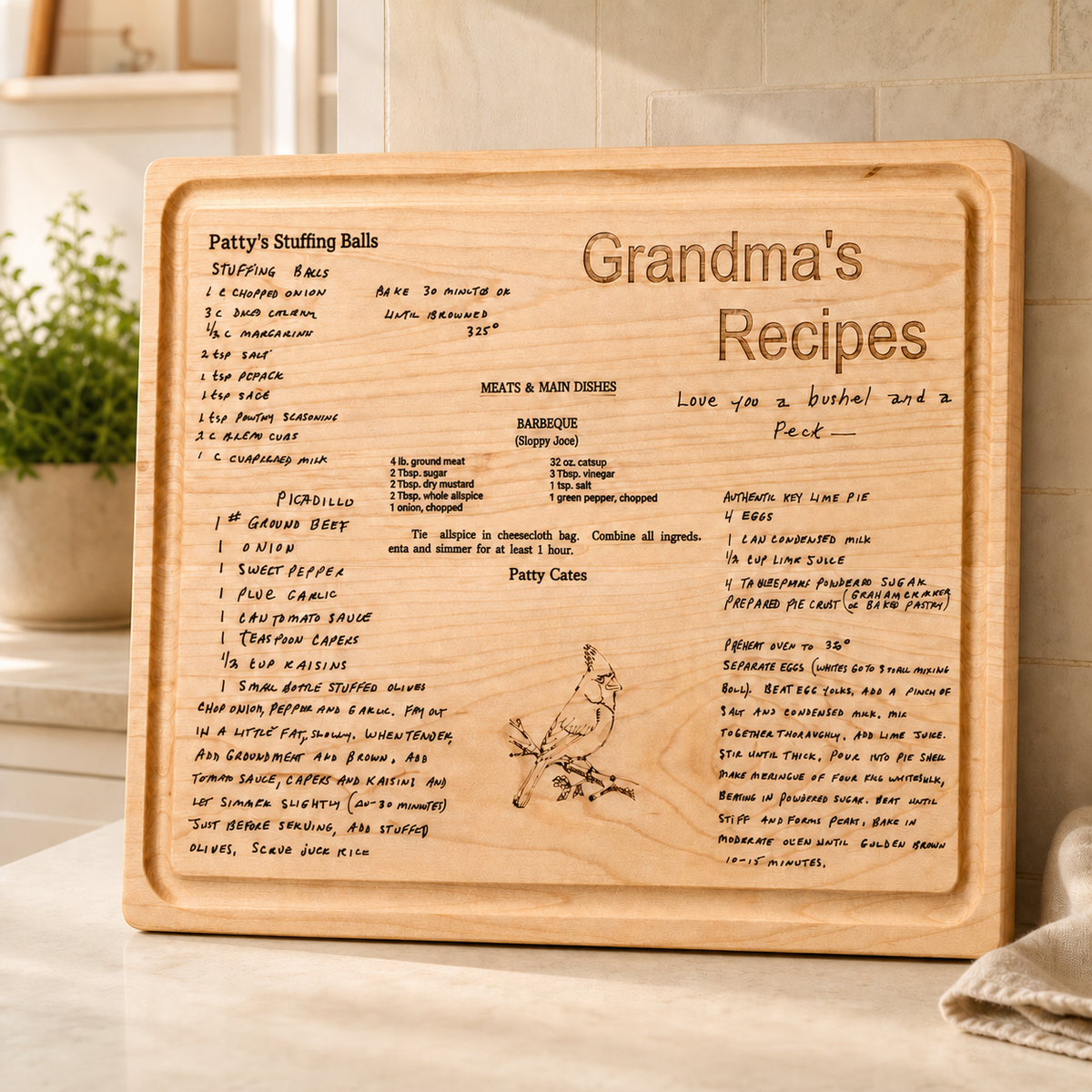 Heirloom Cutting Board with 4 Hand Written Recipe